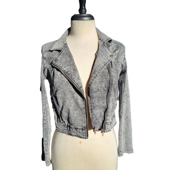 H&M Divided Jackets & Blazers - H&M Womans Cropped Denim Jacket Distressed Rock Black Small Spread collar Divide